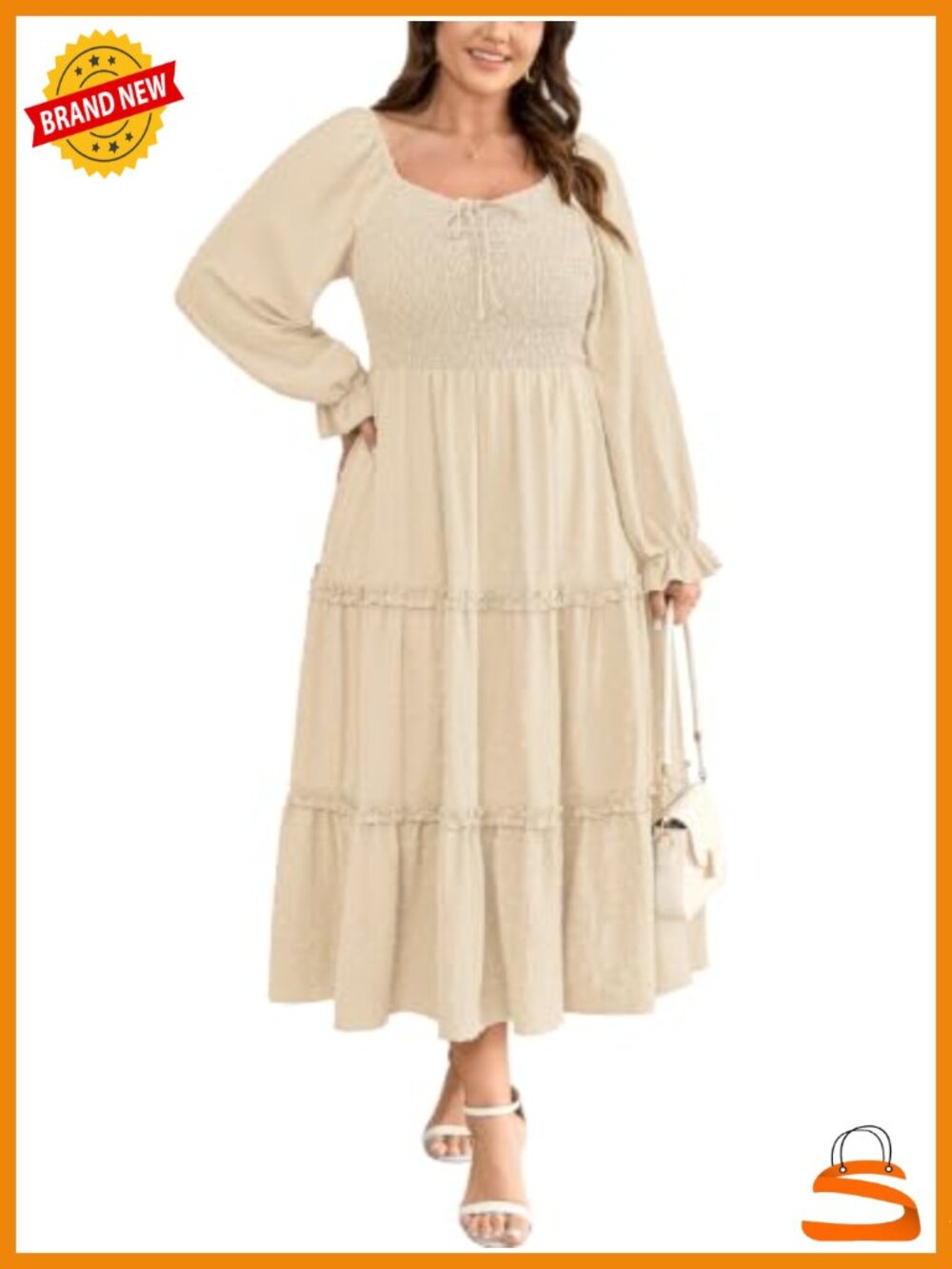 Plus Size Swiss Dot Tiered Ruffle Maxi Dress Long Sleeve Smocked Square Neck